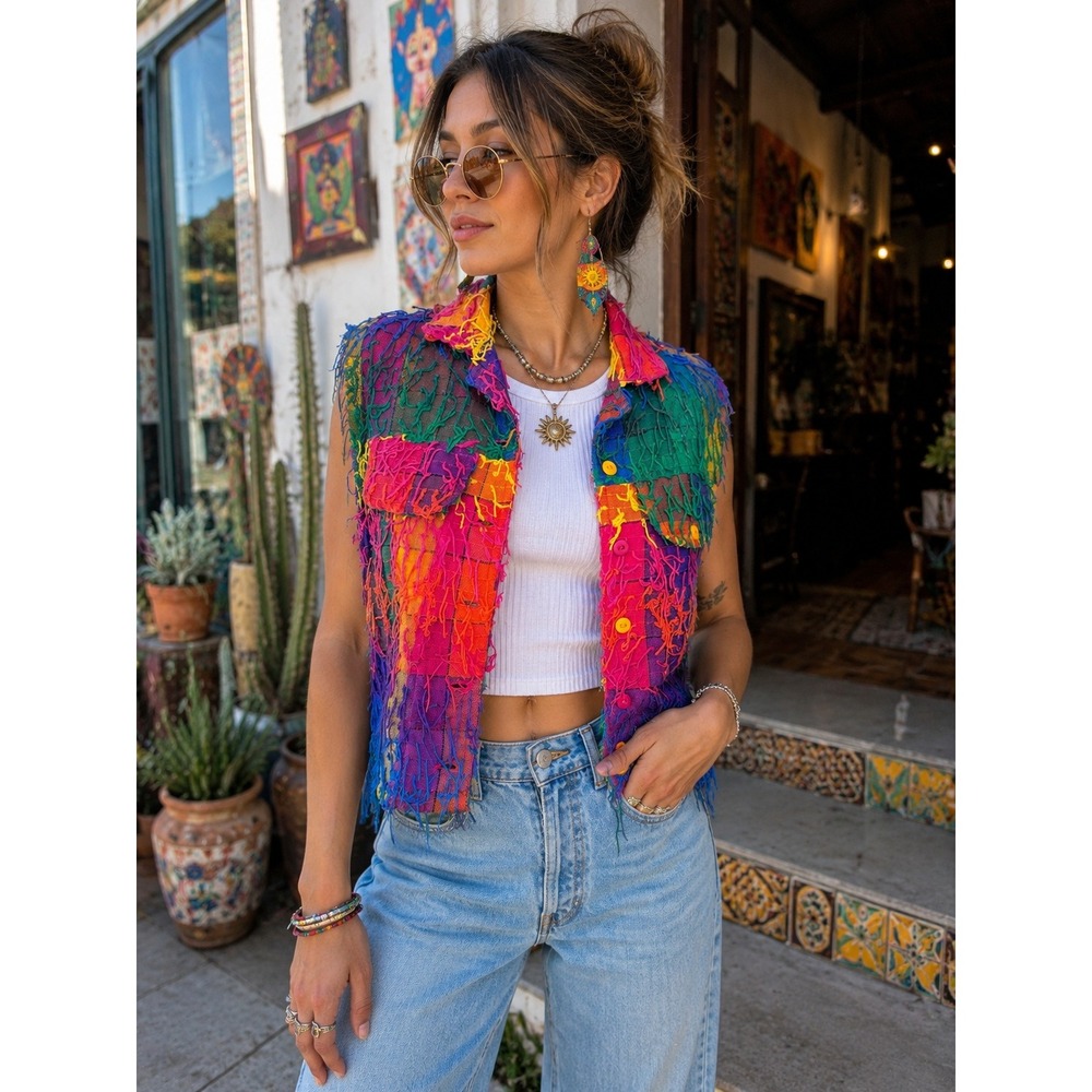 Estefania's Rainbow Patchwork Shaggy Fringe Cotton Vest Made in Guatemala Large